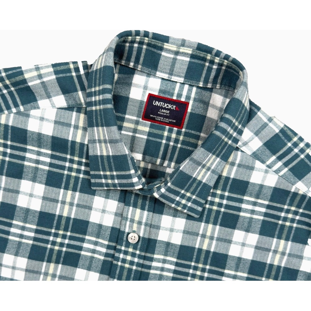 UNTUCKit Ferney Mens L Performance Flannel Shirt Teal Plaid Stretch 41631